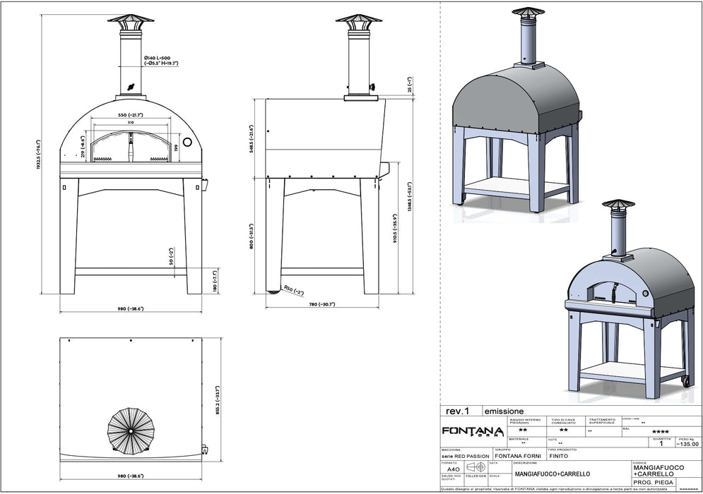 Fontana Mangiafuoco Anthracite Wood Pizza Oven Including Trolley