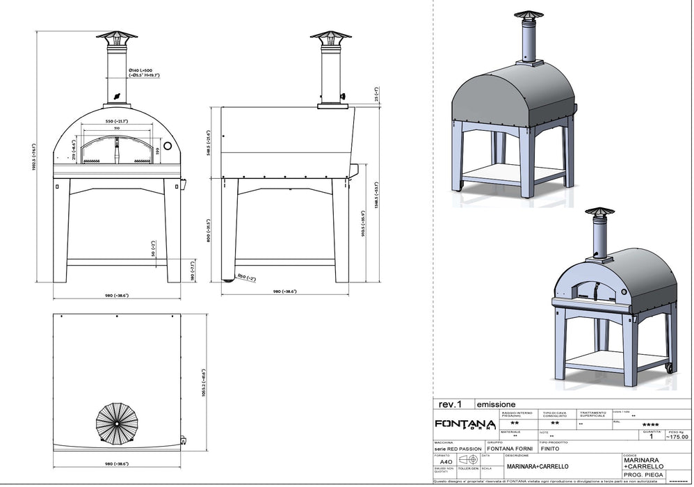 Fontana Marinara Rosso Wood Pizza Oven Including Trolley